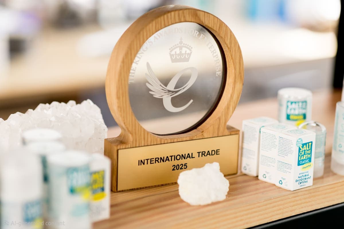 The King's Award for Enterprise trophy, International Trade 2025, with Salt of the Earth deodorants
