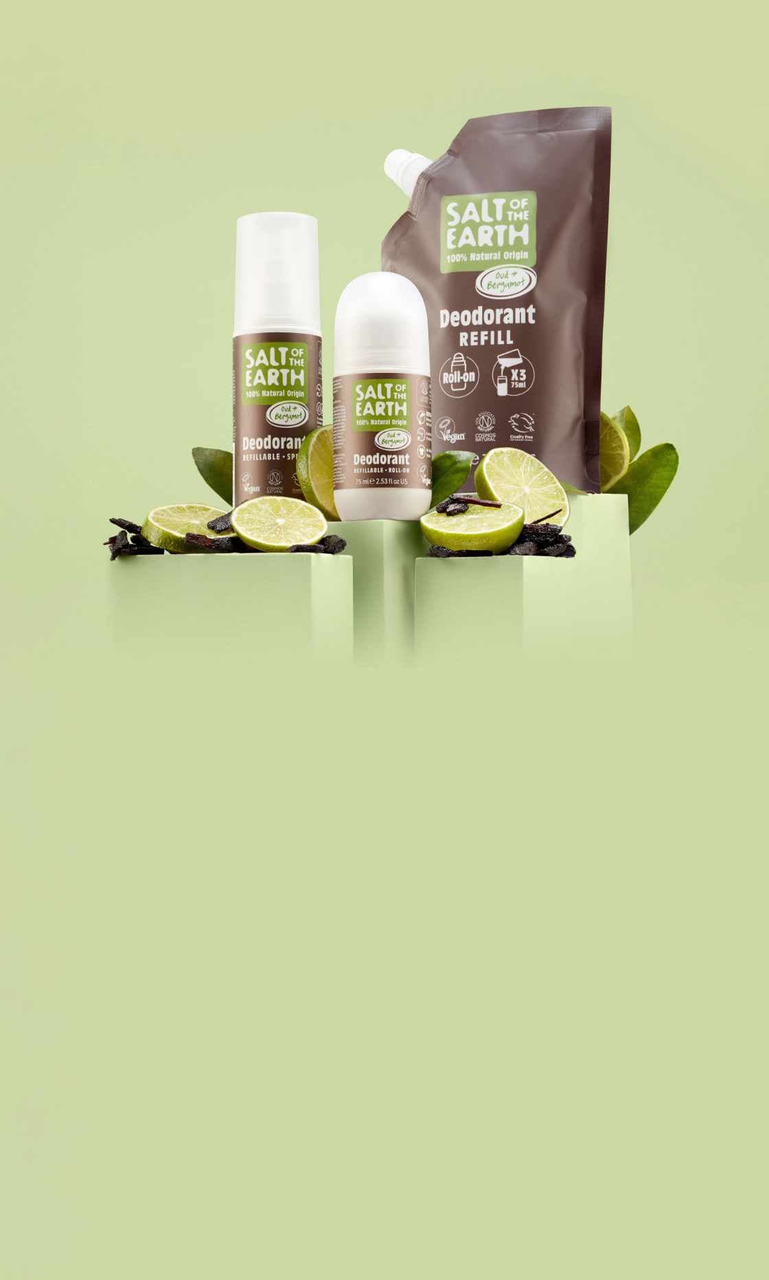 Salt of the Earth Oud & Bergamot natural deodorant range — spray, roll-on and refill