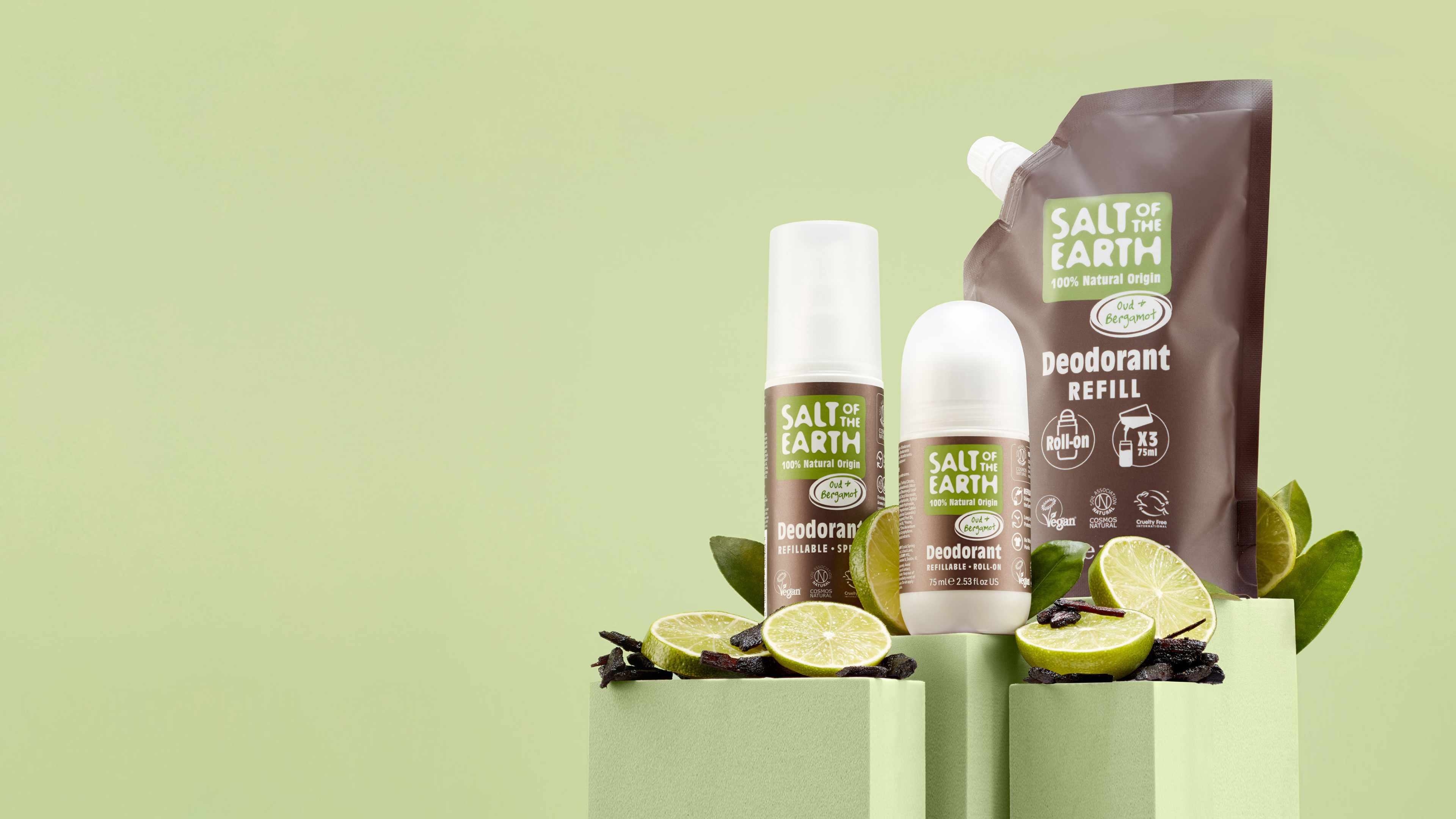 Salt of the Earth Oud & Bergamot natural deodorant range — spray, roll-on and refill